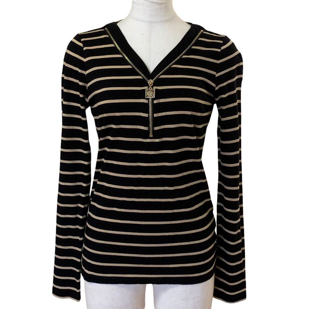 Anne Klein V-Neck Zip Front Long Sleeve Top Tan and Black Stripe Sweater Size S